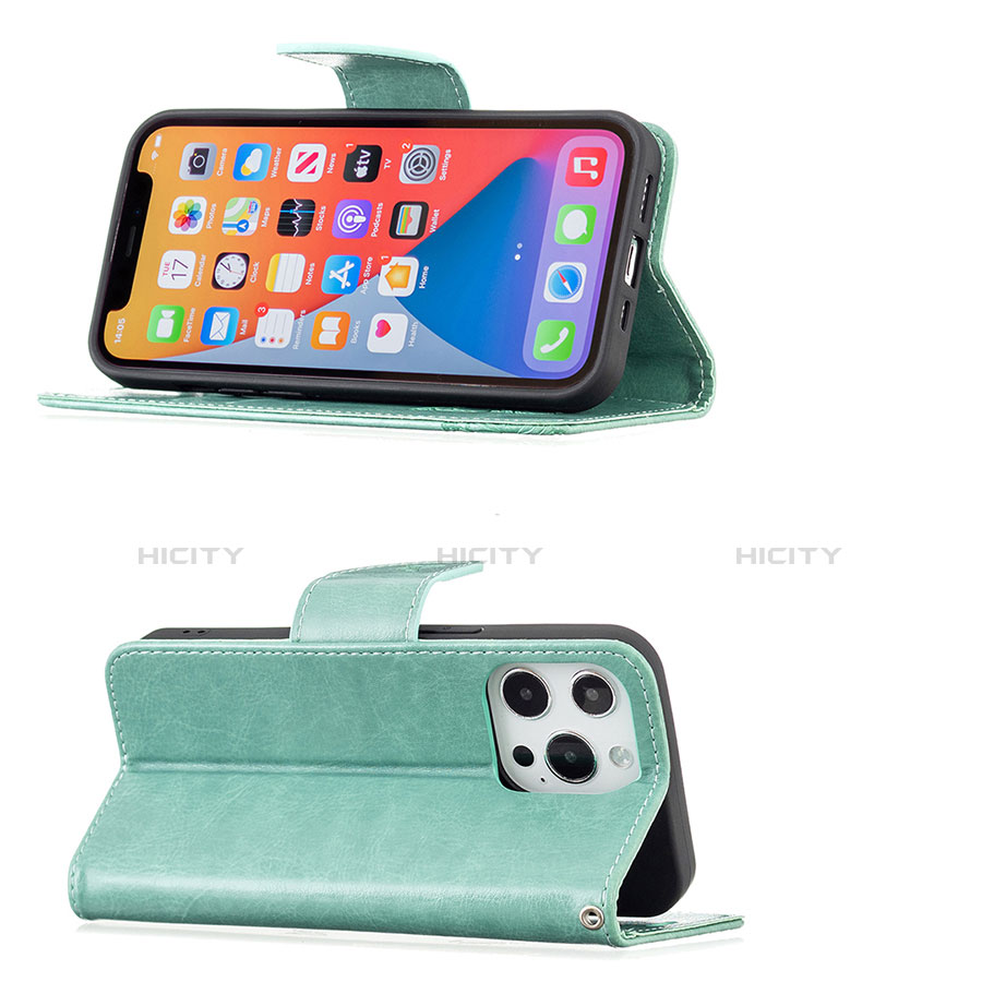 Handytasche Stand Schutzhülle Flip Leder Hülle Schmetterling L09 für Apple iPhone 13 Pro Grün