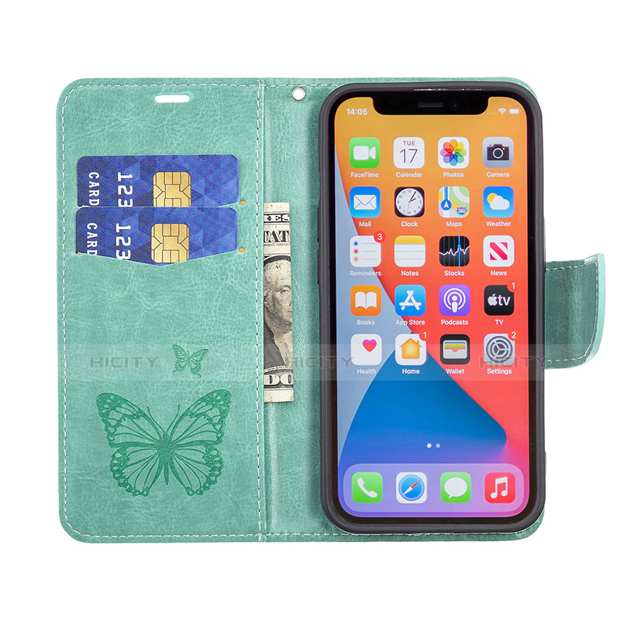 Handytasche Stand Schutzhülle Flip Leder Hülle Schmetterling L09 für Apple iPhone 13 Pro Grün