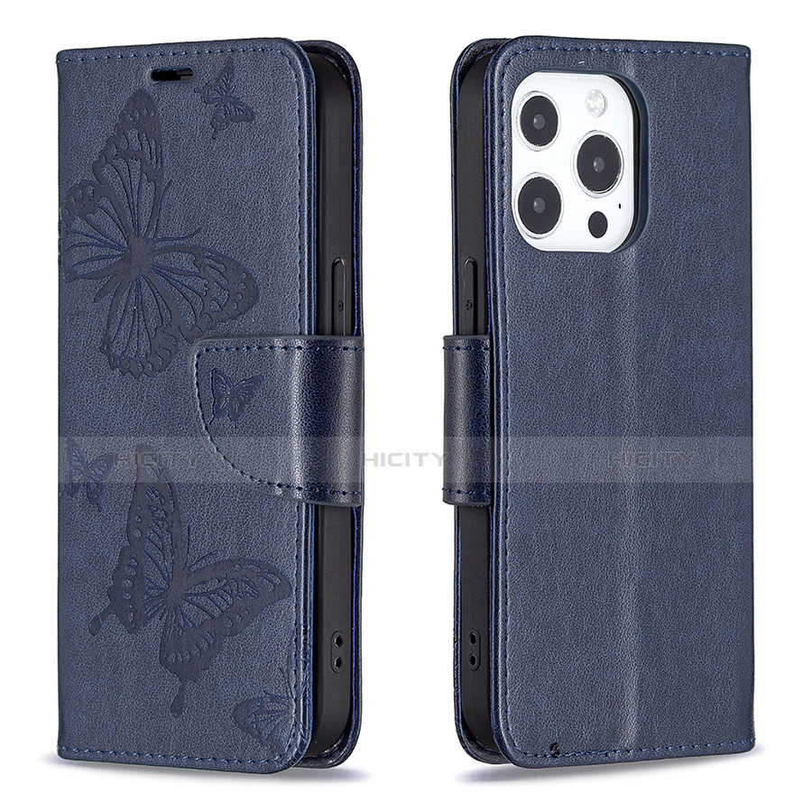 Handytasche Stand Schutzhülle Flip Leder Hülle Schmetterling L09 für Apple iPhone 13 Pro Max Blau