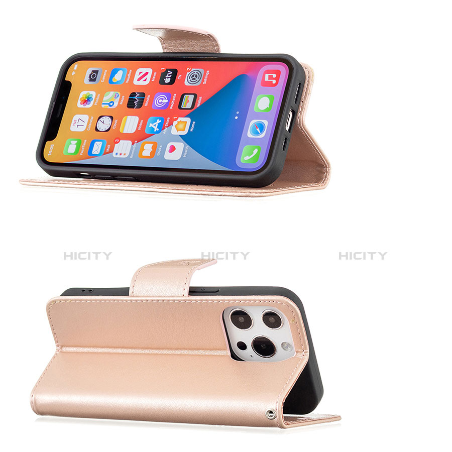 Handytasche Stand Schutzhülle Flip Leder Hülle Schmetterling L09 für Apple iPhone 13 Pro Max Rosa