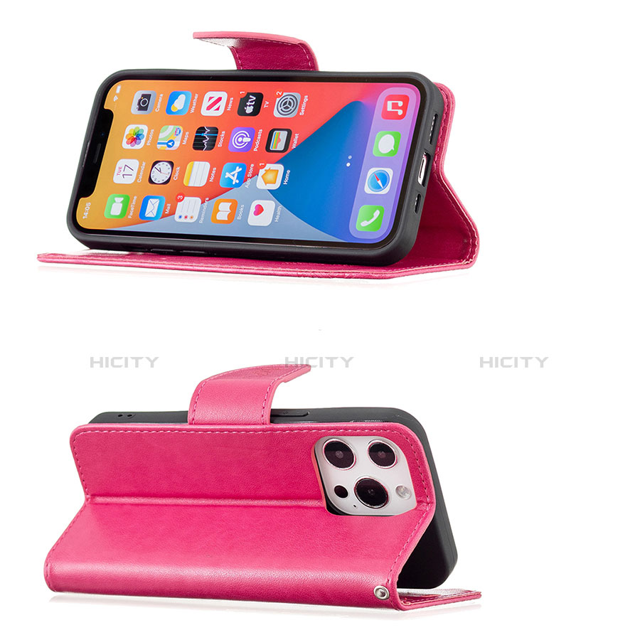 Handytasche Stand Schutzhülle Flip Leder Hülle Schmetterling L09 für Apple iPhone 13 Pro Pink