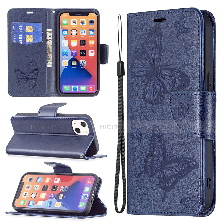 Handytasche Stand Schutzhülle Flip Leder Hülle Schmetterling L09 für Apple iPhone 14 Blau