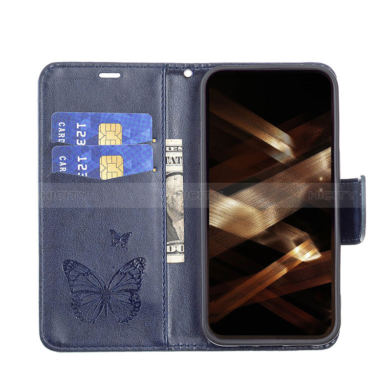 Handytasche Stand Schutzhülle Flip Leder Hülle Schmetterling L09 für Apple iPhone 14 Pro Blau groß