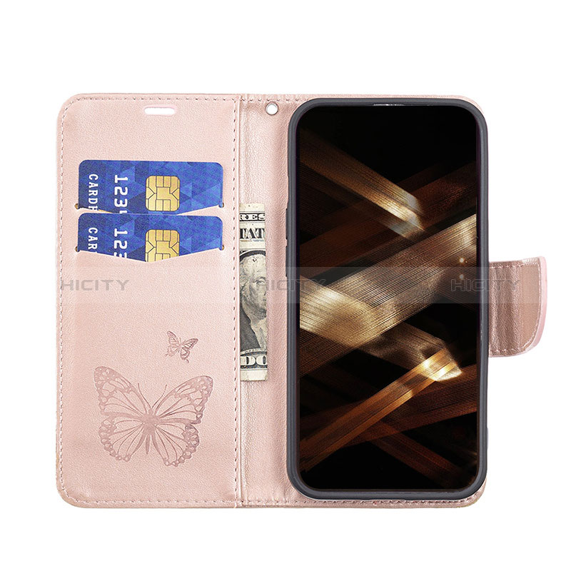 Handytasche Stand Schutzhülle Flip Leder Hülle Schmetterling L09 für Apple iPhone 14 Pro Rosa groß