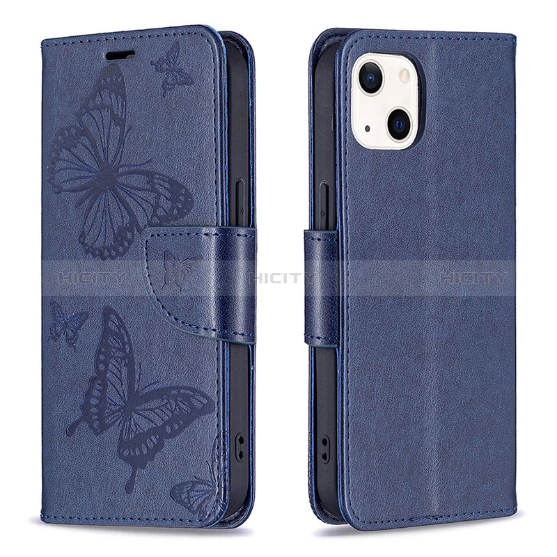 Handytasche Stand Schutzhülle Flip Leder Hülle Schmetterling L09 für Apple iPhone 15 Blau Plus