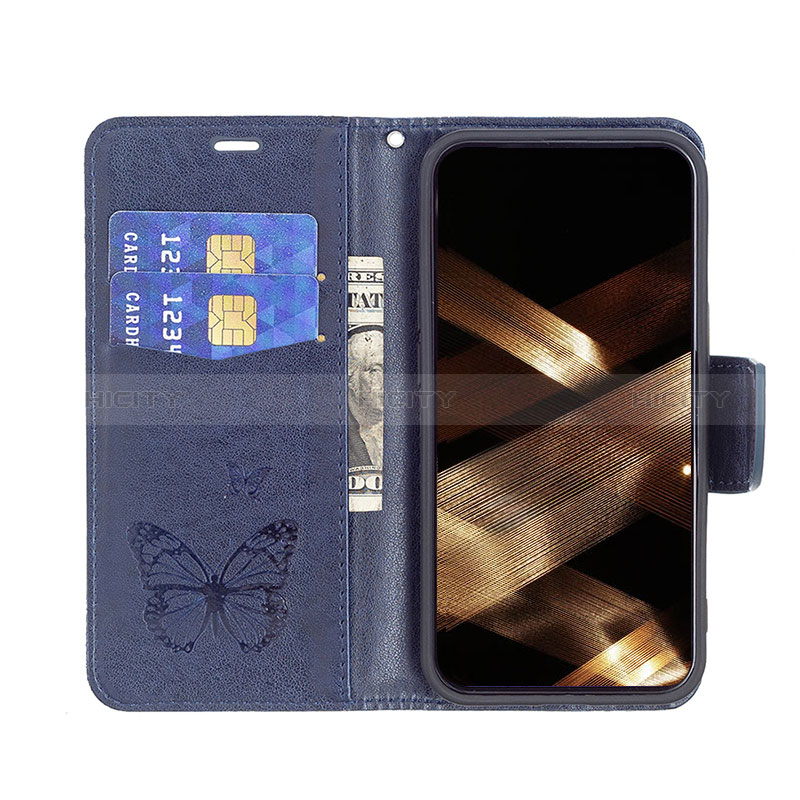 Handytasche Stand Schutzhülle Flip Leder Hülle Schmetterling L09 für Apple iPhone 15 Blau groß