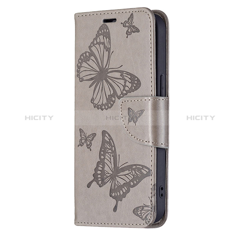 Handytasche Stand Schutzhülle Flip Leder Hülle Schmetterling L09 für Apple iPhone 15 Grau groß