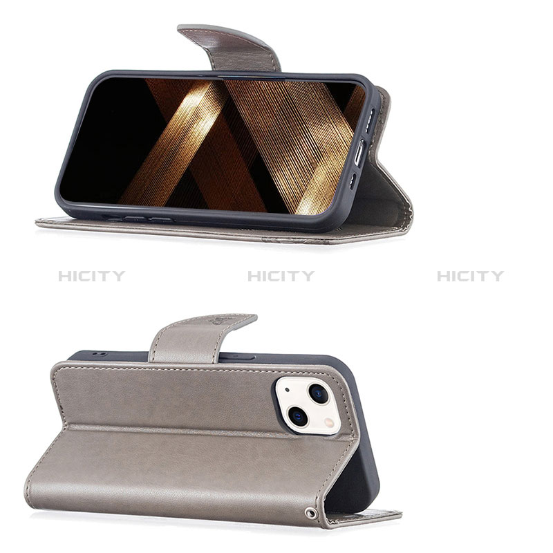 Handytasche Stand Schutzhülle Flip Leder Hülle Schmetterling L09 für Apple iPhone 15 Grau groß