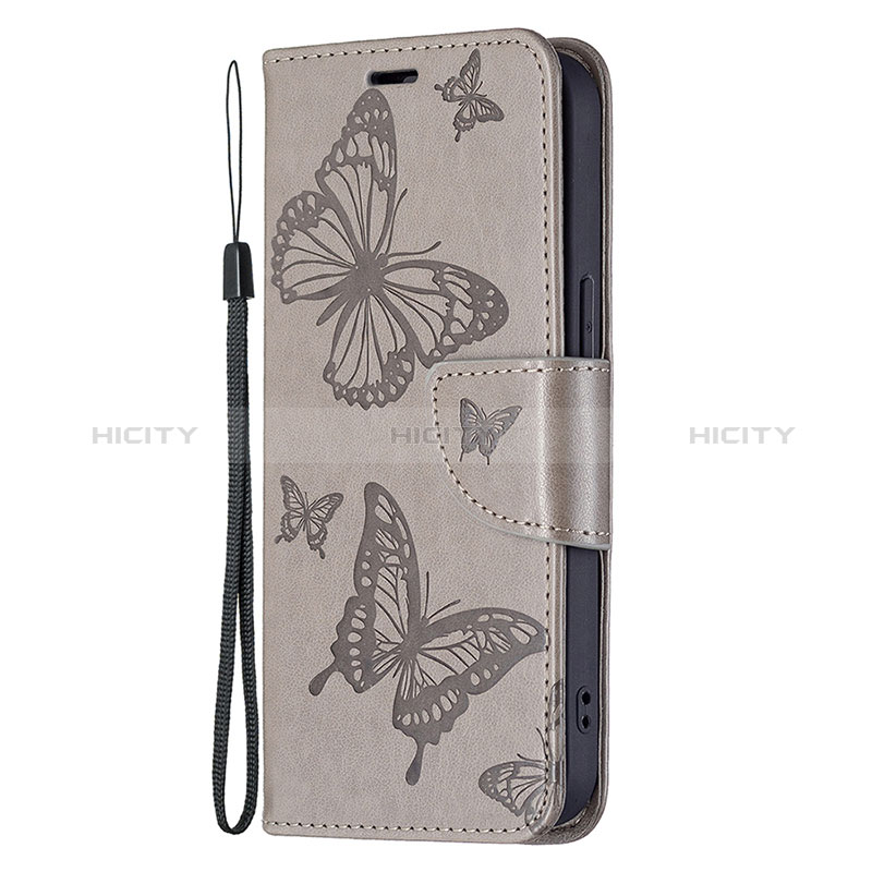 Handytasche Stand Schutzhülle Flip Leder Hülle Schmetterling L09 für Apple iPhone 15 Grau groß