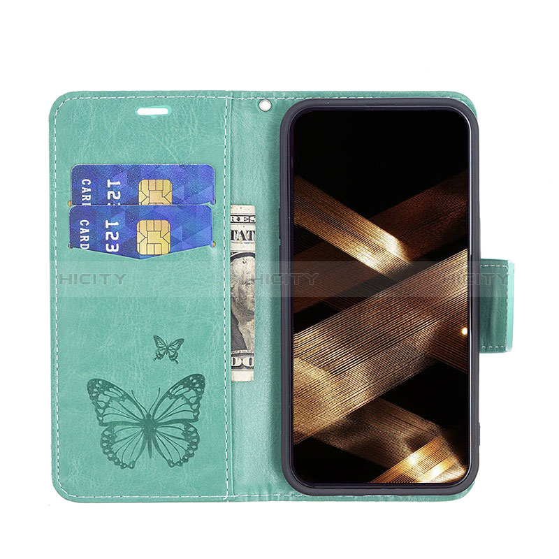 Handytasche Stand Schutzhülle Flip Leder Hülle Schmetterling L09 für Apple iPhone 15 Grün