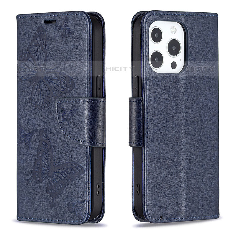 Handytasche Stand Schutzhülle Flip Leder Hülle Schmetterling L09 für Apple iPhone 15 Pro Blau