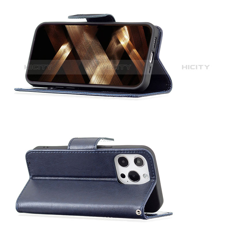 Handytasche Stand Schutzhülle Flip Leder Hülle Schmetterling L09 für Apple iPhone 15 Pro Blau