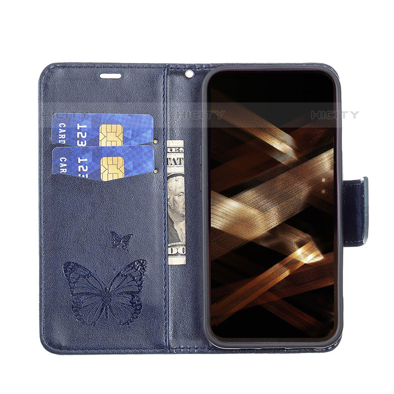 Handytasche Stand Schutzhülle Flip Leder Hülle Schmetterling L09 für Apple iPhone 15 Pro Blau