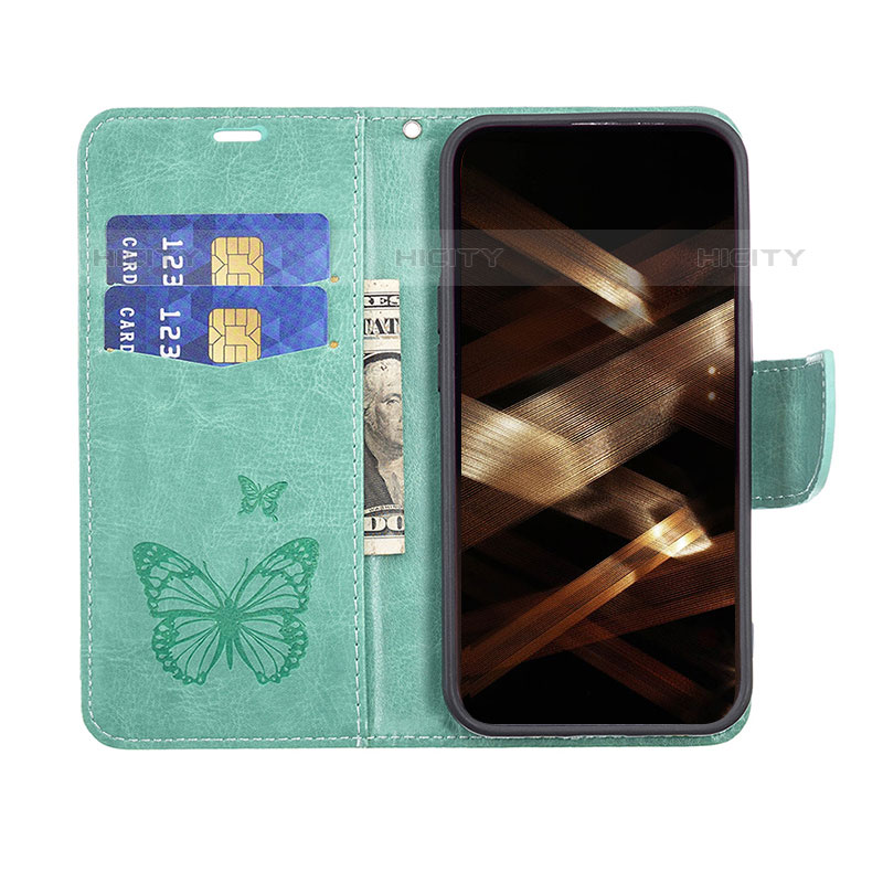 Handytasche Stand Schutzhülle Flip Leder Hülle Schmetterling L09 für Apple iPhone 15 Pro Grün