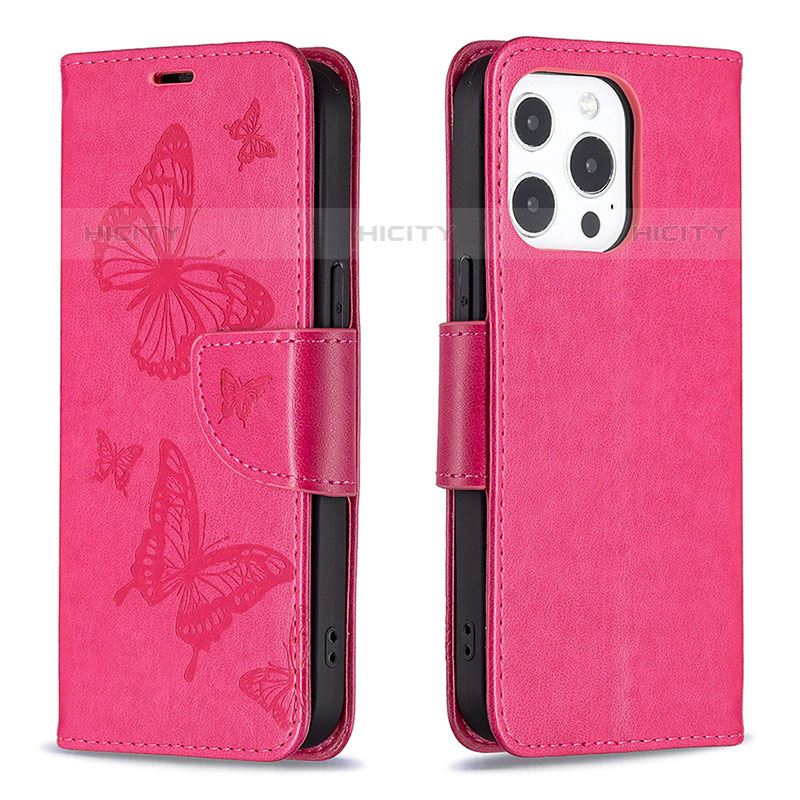 Handytasche Stand Schutzhülle Flip Leder Hülle Schmetterling L09 für Apple iPhone 15 Pro Max Pink Plus