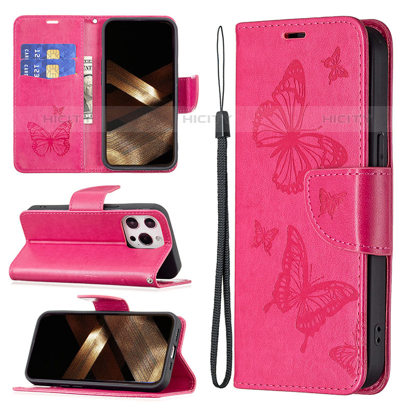 Handytasche Stand Schutzhülle Flip Leder Hülle Schmetterling L09 für Apple iPhone 15 Pro Max Pink groß