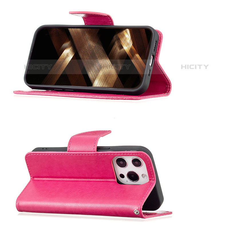 Handytasche Stand Schutzhülle Flip Leder Hülle Schmetterling L09 für Apple iPhone 15 Pro Max Pink groß