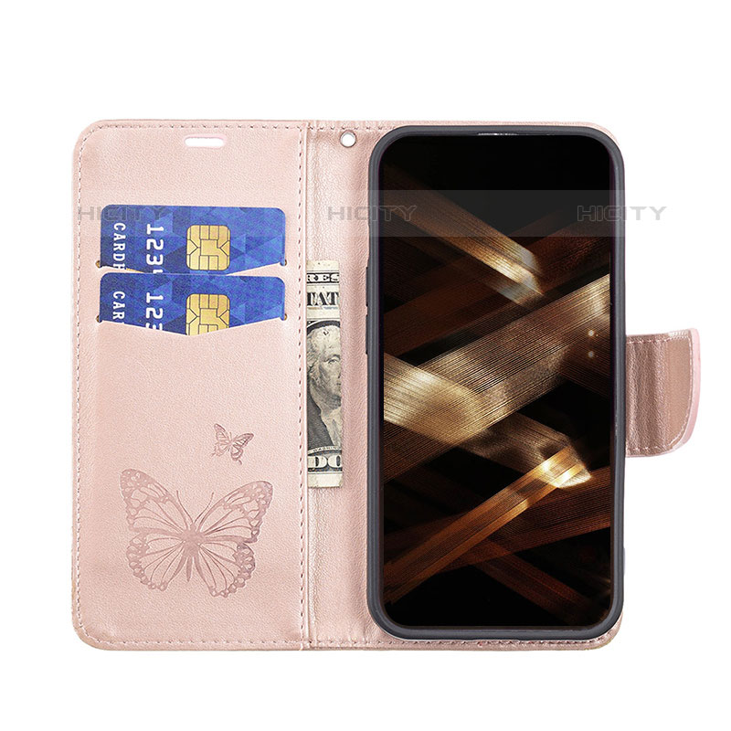 Handytasche Stand Schutzhülle Flip Leder Hülle Schmetterling L09 für Apple iPhone 15 Pro Max Rosa