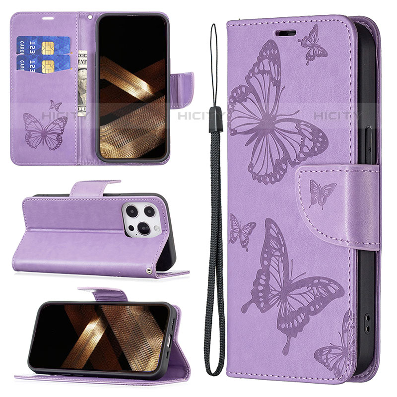 Handytasche Stand Schutzhülle Flip Leder Hülle Schmetterling L09 für Apple iPhone 15 Pro Max Violett