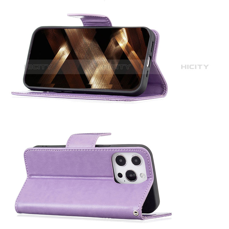 Handytasche Stand Schutzhülle Flip Leder Hülle Schmetterling L09 für Apple iPhone 15 Pro Max Violett