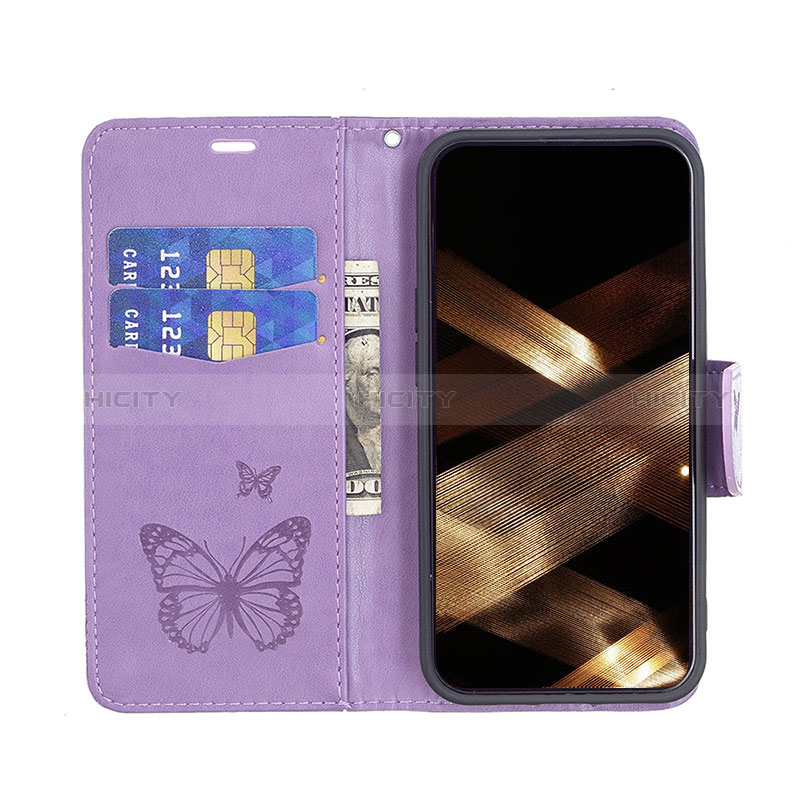 Handytasche Stand Schutzhülle Flip Leder Hülle Schmetterling L09 für Apple iPhone 15 Violett