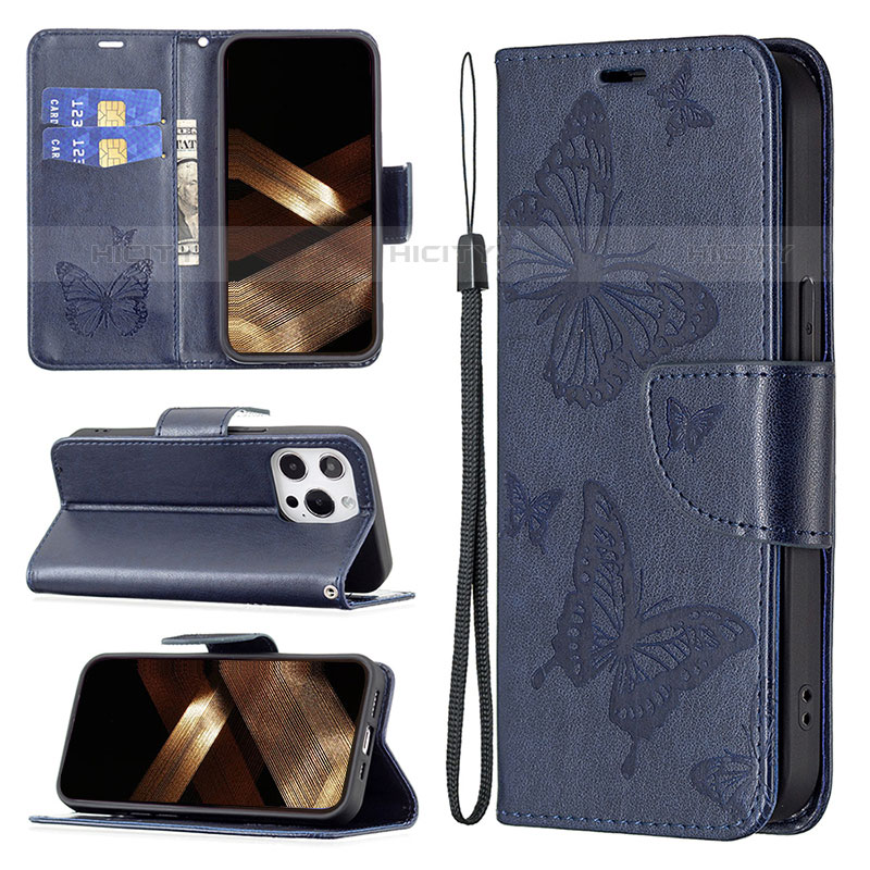 Handytasche Stand Schutzhülle Flip Leder Hülle Schmetterling L09 für Apple iPhone 16 Pro Blau groß