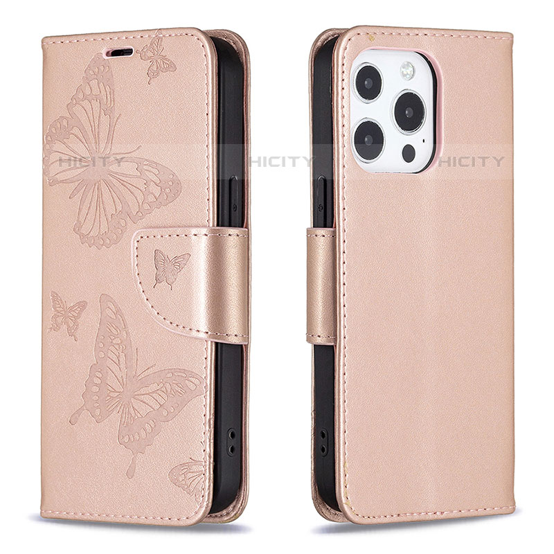 Handytasche Stand Schutzhülle Flip Leder Hülle Schmetterling L09 für Apple iPhone 16 Pro Rosa