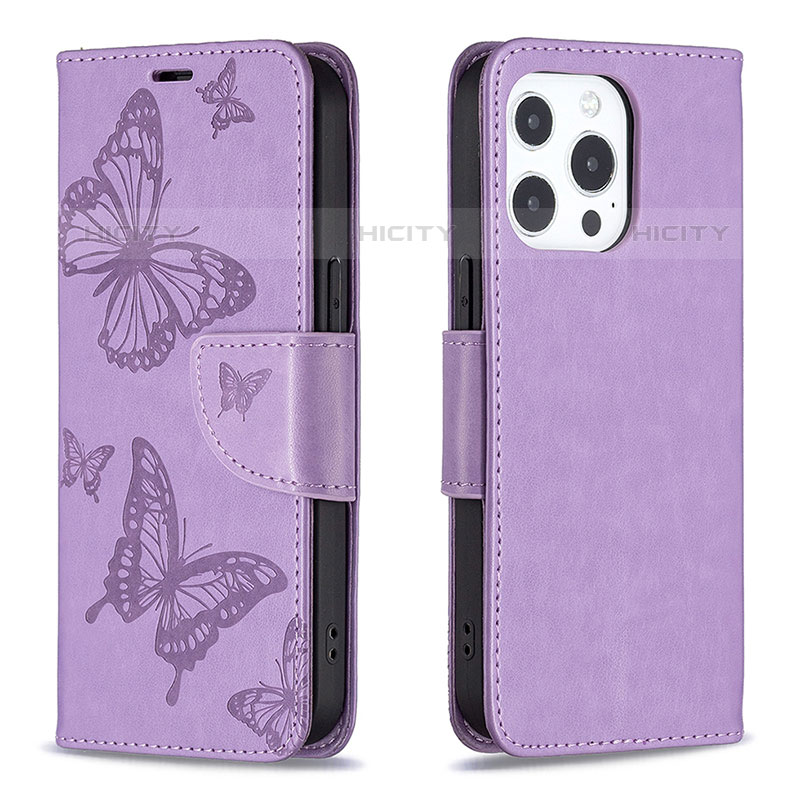 Handytasche Stand Schutzhülle Flip Leder Hülle Schmetterling L09 für Apple iPhone 16 Pro Violett Plus