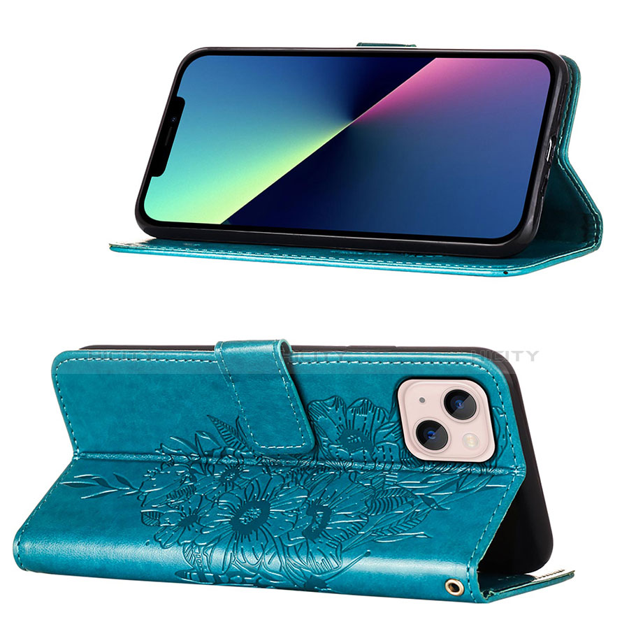 Handytasche Stand Schutzhülle Flip Leder Hülle Schmetterling L10 für Apple iPhone 13 Blau