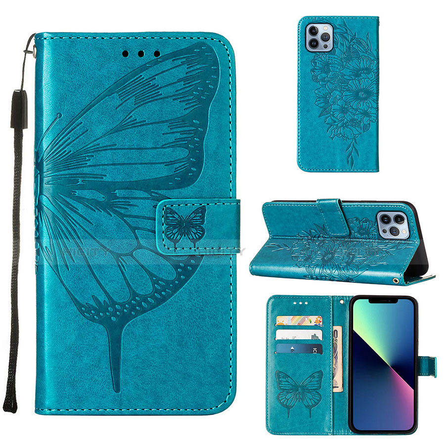 Handytasche Stand Schutzhülle Flip Leder Hülle Schmetterling L10 für Apple iPhone 13 Pro Blau