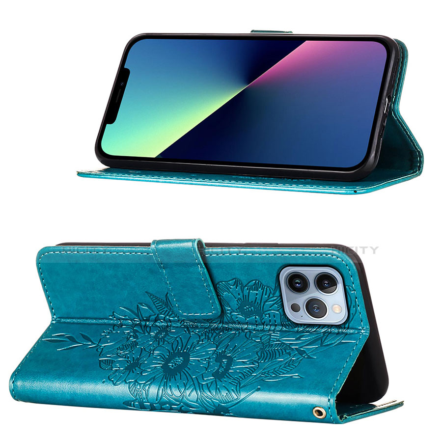 Handytasche Stand Schutzhülle Flip Leder Hülle Schmetterling L10 für Apple iPhone 13 Pro Blau