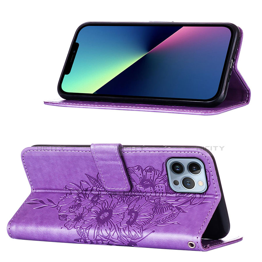 Handytasche Stand Schutzhülle Flip Leder Hülle Schmetterling L10 für Apple iPhone 13 Pro Helles Lila