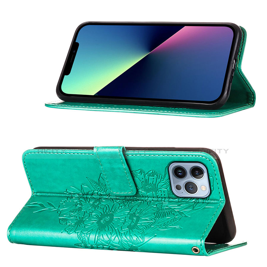 Handytasche Stand Schutzhülle Flip Leder Hülle Schmetterling L10 für Apple iPhone 13 Pro Max Grün groß