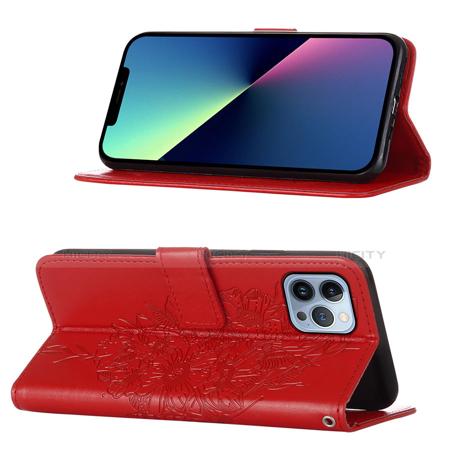 Handytasche Stand Schutzhülle Flip Leder Hülle Schmetterling L10 für Apple iPhone 13 Pro Max Rot groß