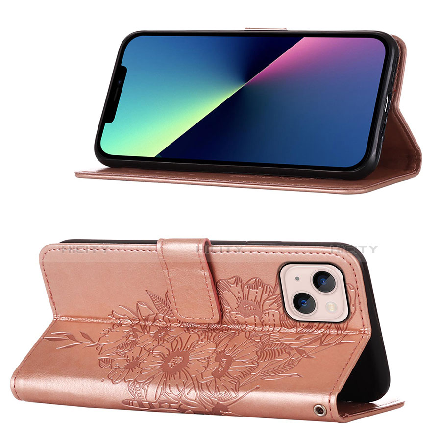 Handytasche Stand Schutzhülle Flip Leder Hülle Schmetterling L10 für Apple iPhone 14 Plus Rosegold