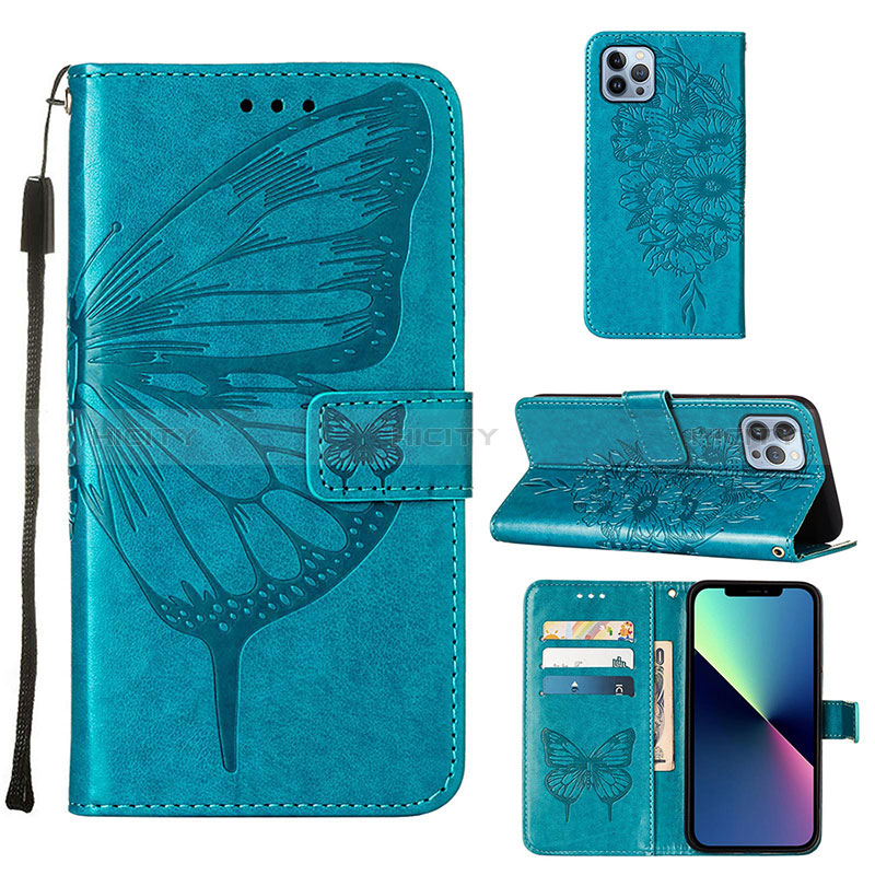 Handytasche Stand Schutzhülle Flip Leder Hülle Schmetterling L10 für Apple iPhone 14 Pro Blau