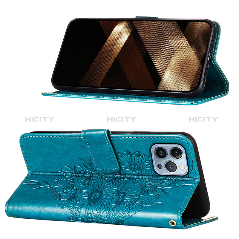 Handytasche Stand Schutzhülle Flip Leder Hülle Schmetterling L10 für Apple iPhone 14 Pro Blau