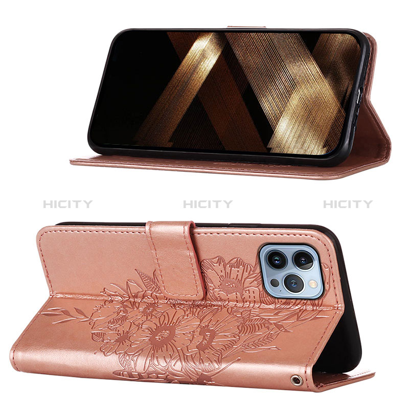 Handytasche Stand Schutzhülle Flip Leder Hülle Schmetterling L10 für Apple iPhone 14 Pro Max Rosegold