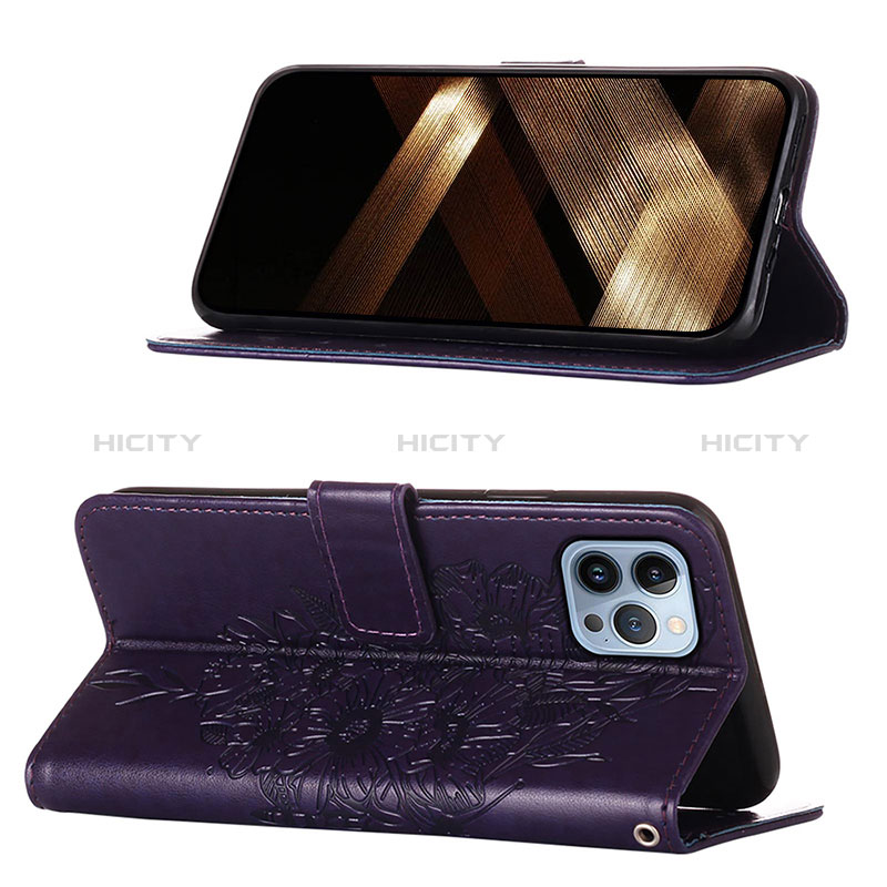 Handytasche Stand Schutzhülle Flip Leder Hülle Schmetterling L10 für Apple iPhone 14 Pro Max Violett groß