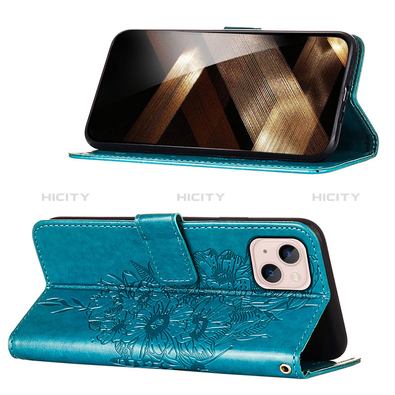 Handytasche Stand Schutzhülle Flip Leder Hülle Schmetterling L10 für Apple iPhone 15 Blau