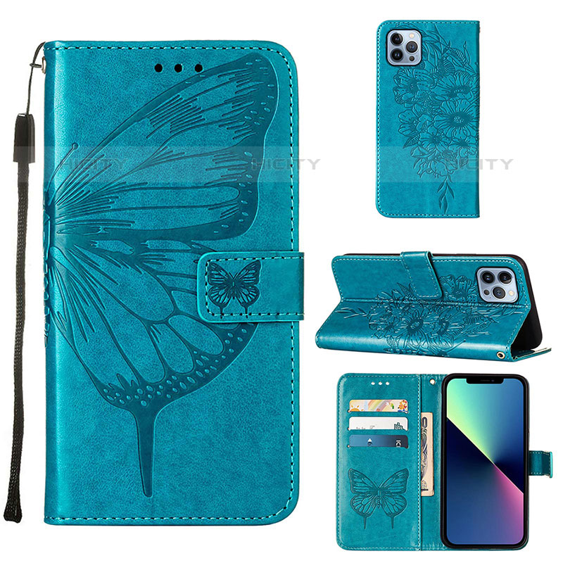 Handytasche Stand Schutzhülle Flip Leder Hülle Schmetterling L10 für Apple iPhone 15 Pro Max Blau