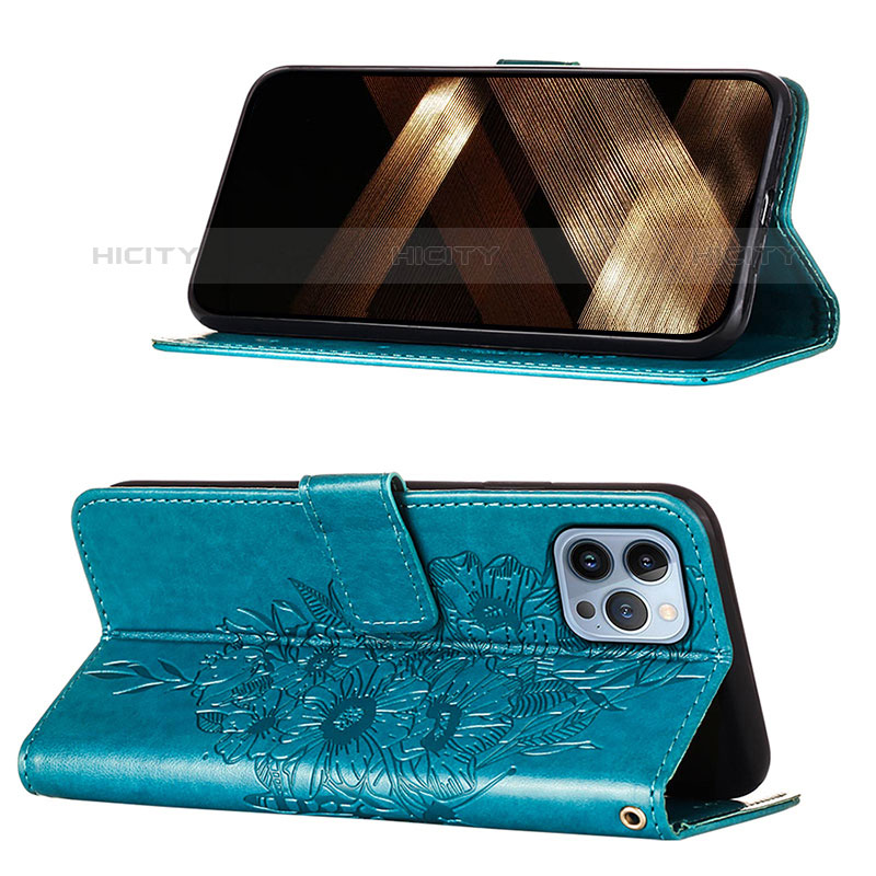 Handytasche Stand Schutzhülle Flip Leder Hülle Schmetterling L10 für Apple iPhone 15 Pro Max Blau