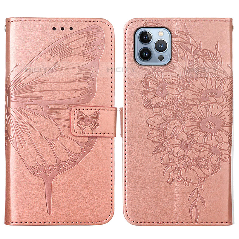 Handytasche Stand Schutzhülle Flip Leder Hülle Schmetterling L10 für Apple iPhone 15 Pro Max Rosegold Plus