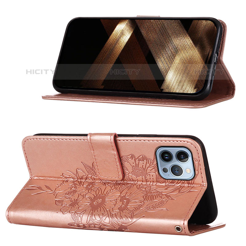 Handytasche Stand Schutzhülle Flip Leder Hülle Schmetterling L10 für Apple iPhone 15 Pro Max Rosegold groß