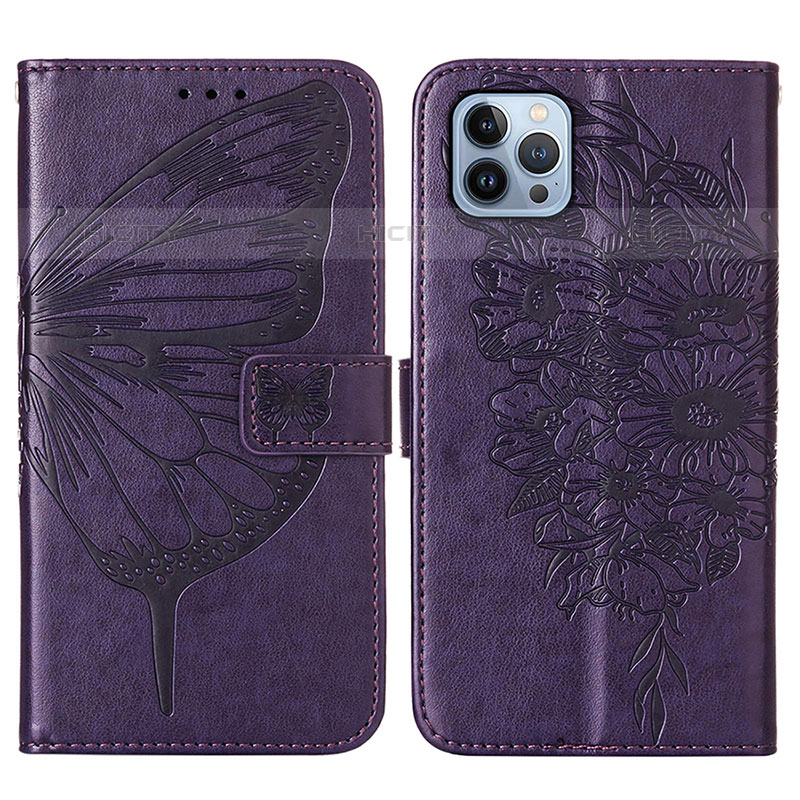 Handytasche Stand Schutzhülle Flip Leder Hülle Schmetterling L10 für Apple iPhone 15 Pro Violett Plus