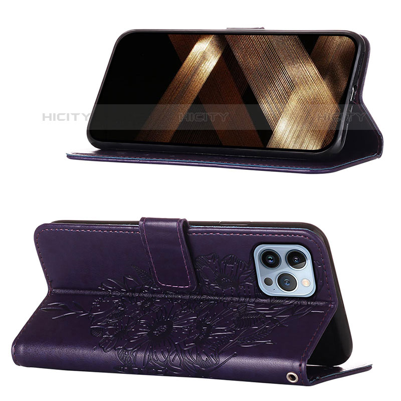 Handytasche Stand Schutzhülle Flip Leder Hülle Schmetterling L10 für Apple iPhone 15 Pro Violett groß