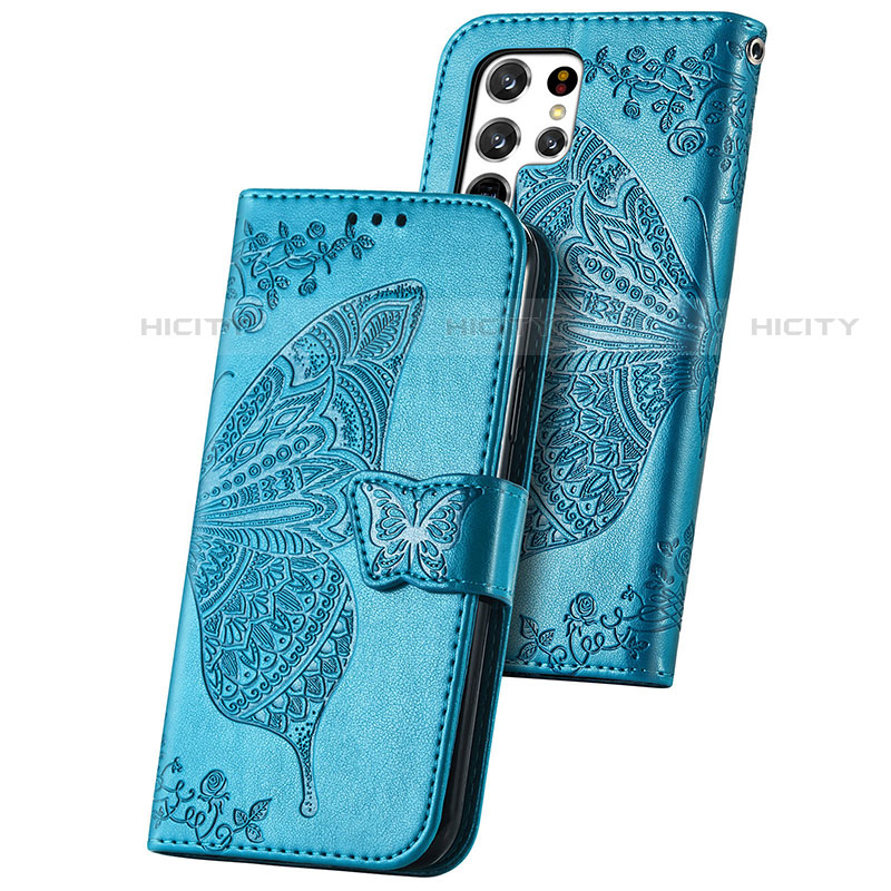 Handytasche Stand Schutzhülle Flip Leder Hülle Schmetterling S01D für Samsung Galaxy S23 Ultra 5G groß