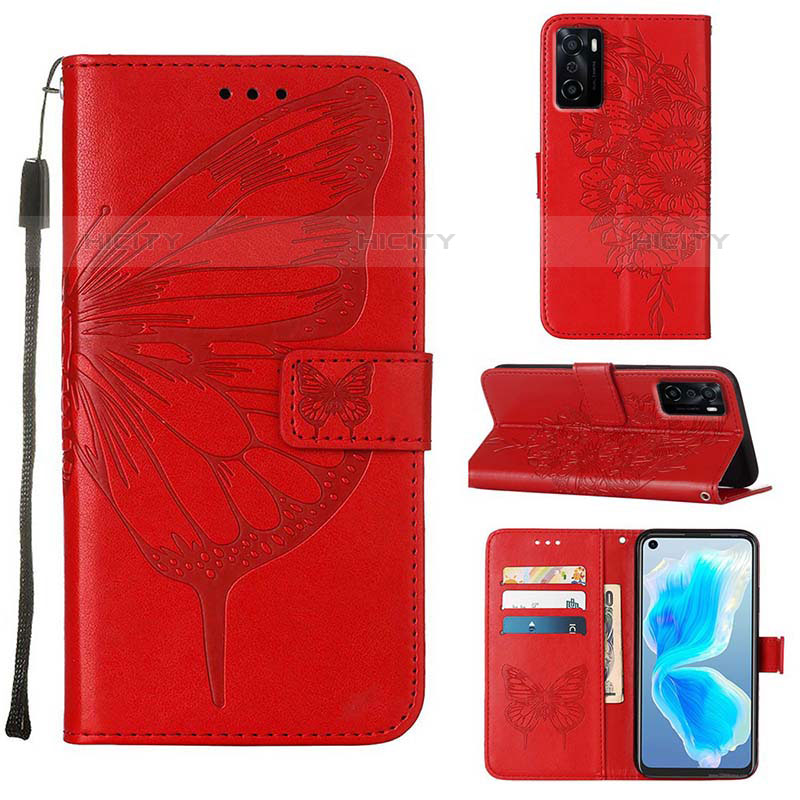 Handytasche Stand Schutzhülle Flip Leder Hülle Schmetterling Y01B für Oppo A55S 5G Rot