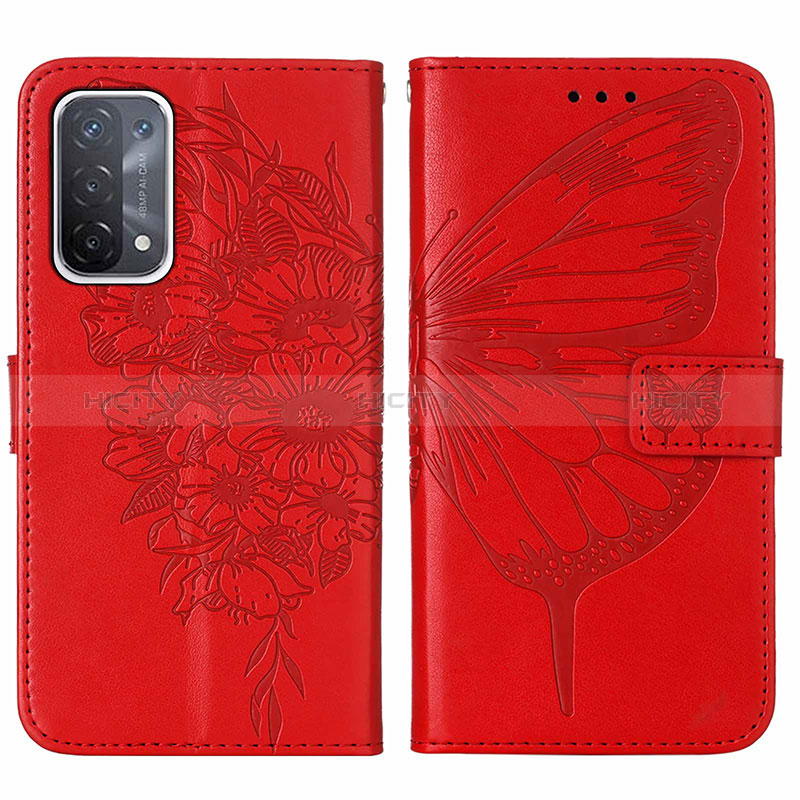 Handytasche Stand Schutzhülle Flip Leder Hülle Schmetterling Y01B für Oppo A74 5G Rot Plus