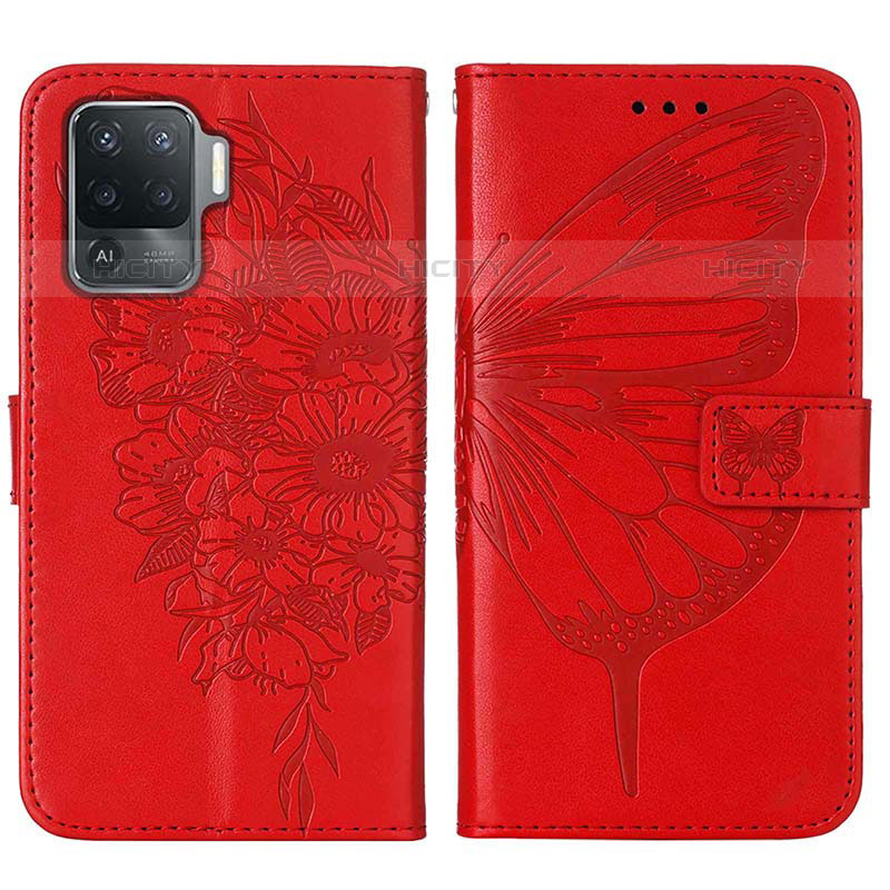 Handytasche Stand Schutzhülle Flip Leder Hülle Schmetterling Y01B für Oppo F19 Pro Rot Plus